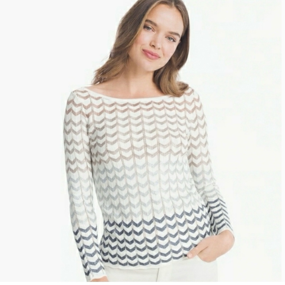 WHBM cream, gold, blue shimmery zig zag sweater